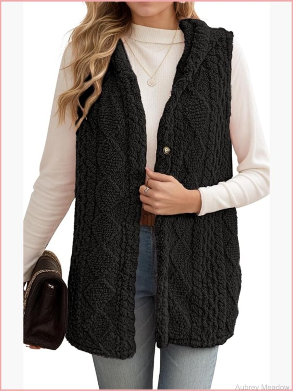 Long Fleece Vest Casual Sleeveless Hooded Winter Button Outerwear with Pockets
